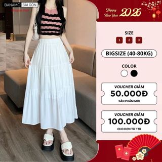  Váy nữ Banamo Sài Gòn chân váy midi 3 tầng xếp ly chất voan mềm 2 lớp thoáng mát 5929 