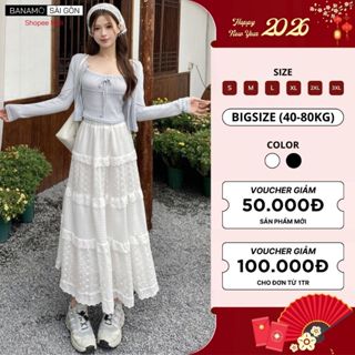  Chân váy nữ BIGSIZE Banamo Sài Gòn chân váy midi phối ren viền xếp tầng 2 lớp siêu dễ thương 5927 