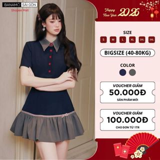  Đầm nữ BIGSIZE Banamo Sài Gòn váy cổ sơ mi cộc tay cúc đỏ đuôi váy xoè đính nơ tiểu thư 5340 
