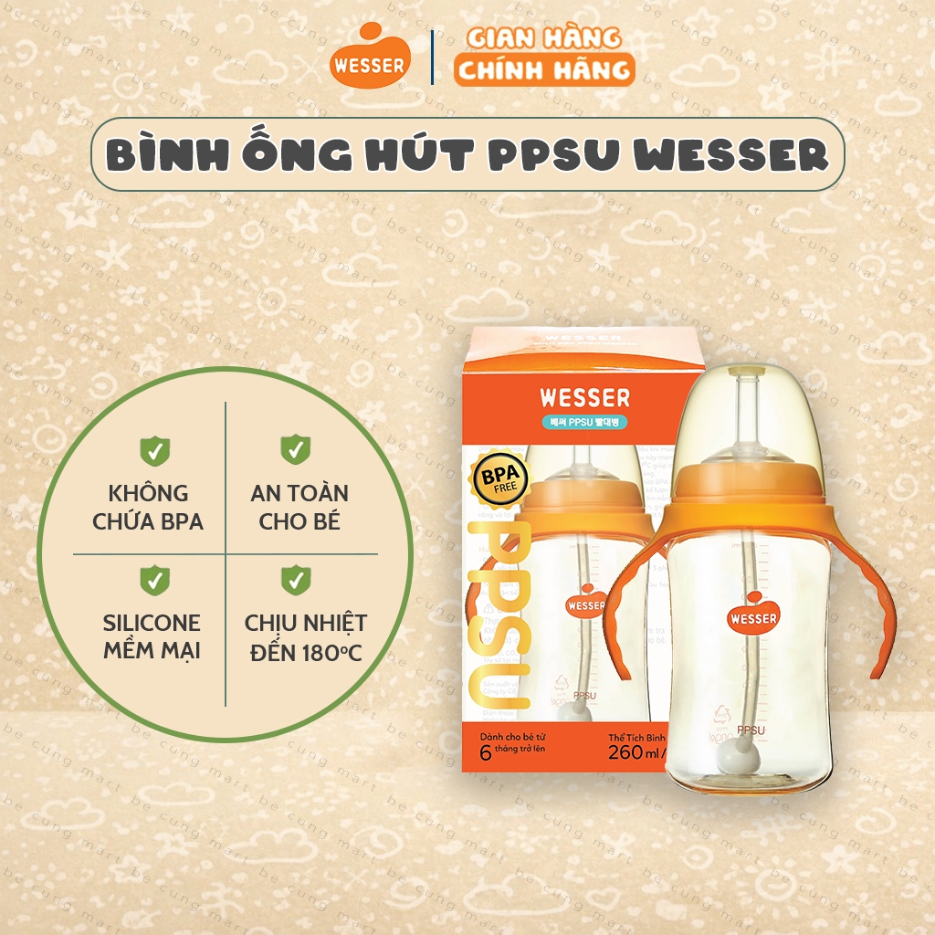 Bình ống hút PPSU Wesser 260ml (PPSU MÀU VÀNG MẬT ONG)