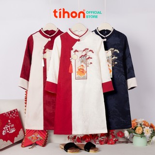 Áo dài bé trai TIHON cao cấp chất gấm phối nhung chéo mềm mại họa tiết in thêu sắc nét AD0744043