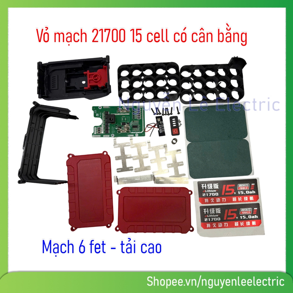 Bộ Vỏ Mạch Pin Makita 21700 Có Cân Bằng Cell Pin – 15 Cell (5S3P) – BMS 6 MOSFET Chuẩn 18V 21V M21