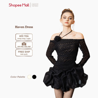   Váy  Cazi Haven Dress - Váy lệch vai gắn hoa dúm thân chân bồng 