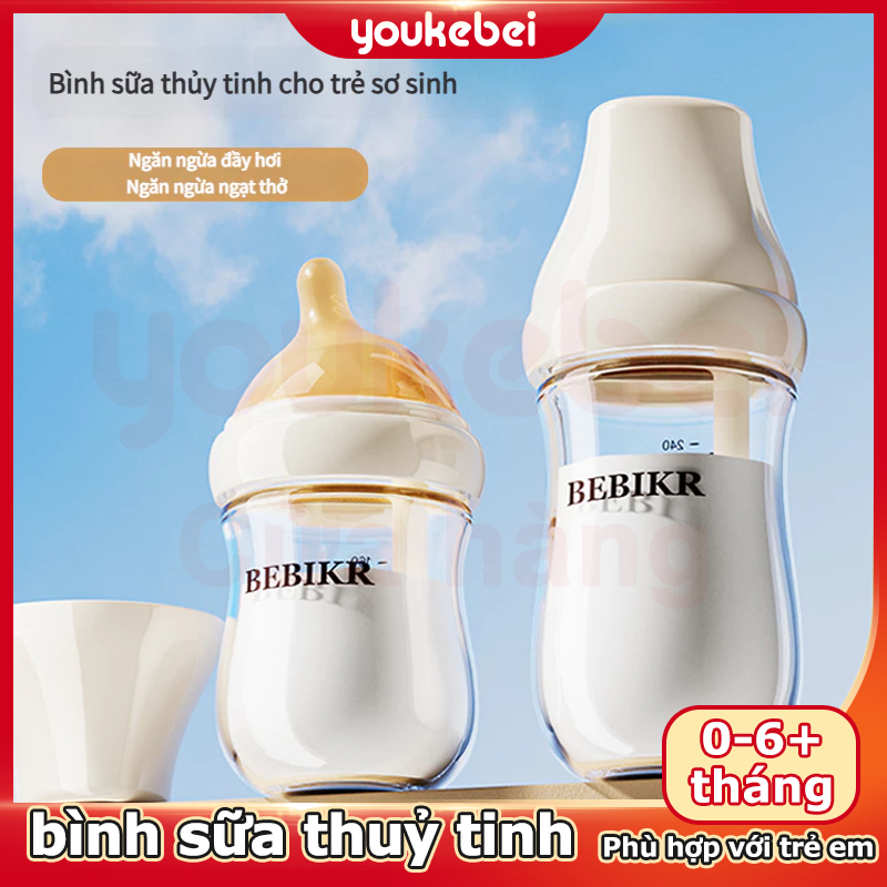 Youkebei Bình sữa cho bé Bình Sữa Thủy Tinh Chống Sặc Giảm Đầy Hơi thoát khí cho bé từ sơ sinh an toàn bền và dễ vệ sinh