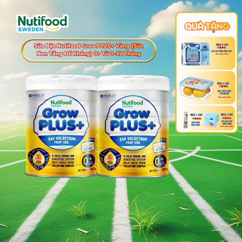 [Chính Hãng] Bộ 2 Sữa Bột Nutifood GrowPLUS+ Vàng (Sữa Non Tăng Đề Kháng) 800g - 0-12 Tháng Tuổi (2 