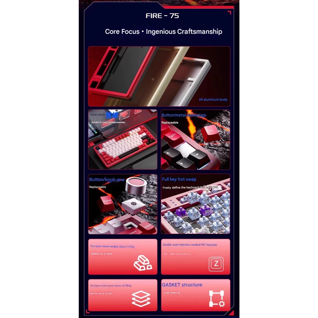 Bàn phím cơ Nhôm CNC - AULA Fire 75 - LED RGB - 3 mode kết nối - Núm Xoay Hotswap Thành Switch Thường | BigBuy360 - bigbuy360.vn