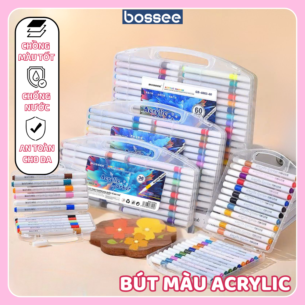 Bút Màu Acrylic Marker Bossee 120 Màu, Hộp 120 Bút Maker Tô Trên Nhiều Chất Liệu, Màu Không Lem