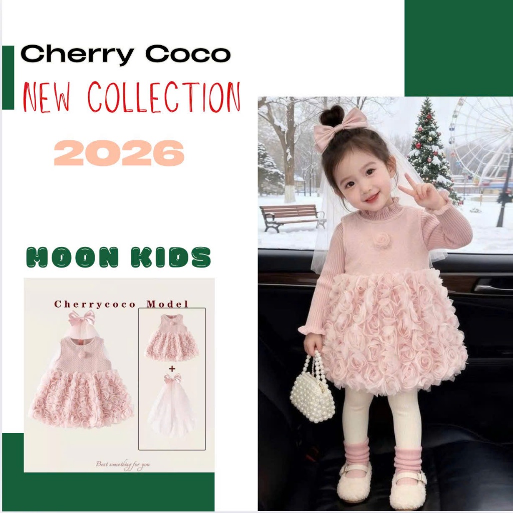 Váy hồng bé gái chery coco váy bé gái hồng kèm nơ công chúa mặc Tết CY242