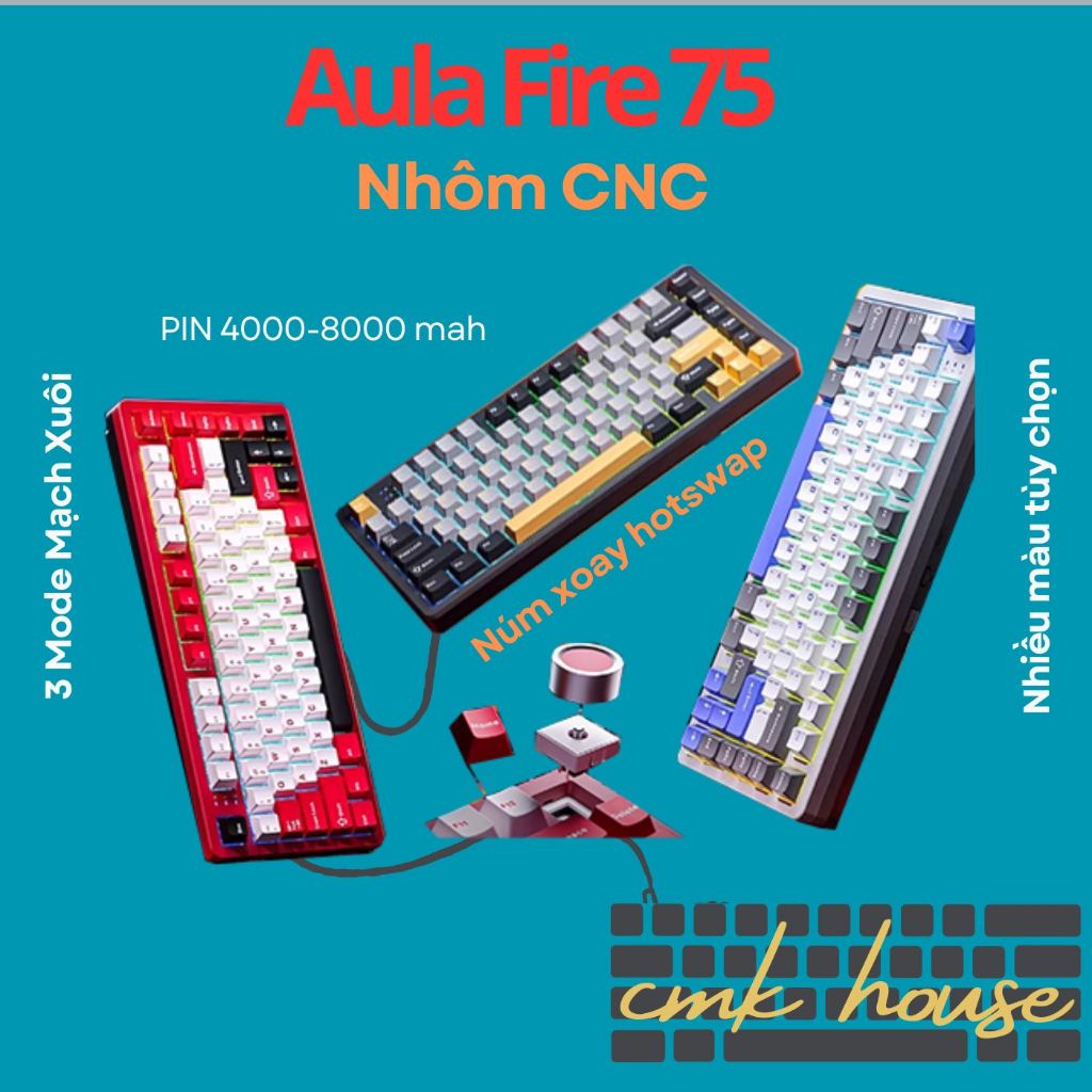 Bàn phím cơ Nhôm CNC - AULA Fire 75 - LED RGB - 3 mode kết nối - Núm Xoay Hotswap Thành Switch Thường | BigBuy360 - bigbuy360.vn