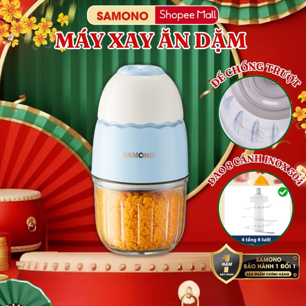 (Cao Cấp- 8 lưỡi) Máy xay ăn dặm 0.3L Samono SW-MC200S cho bé, 200W, cối thủy tinh, xay thịt nhuyễn 