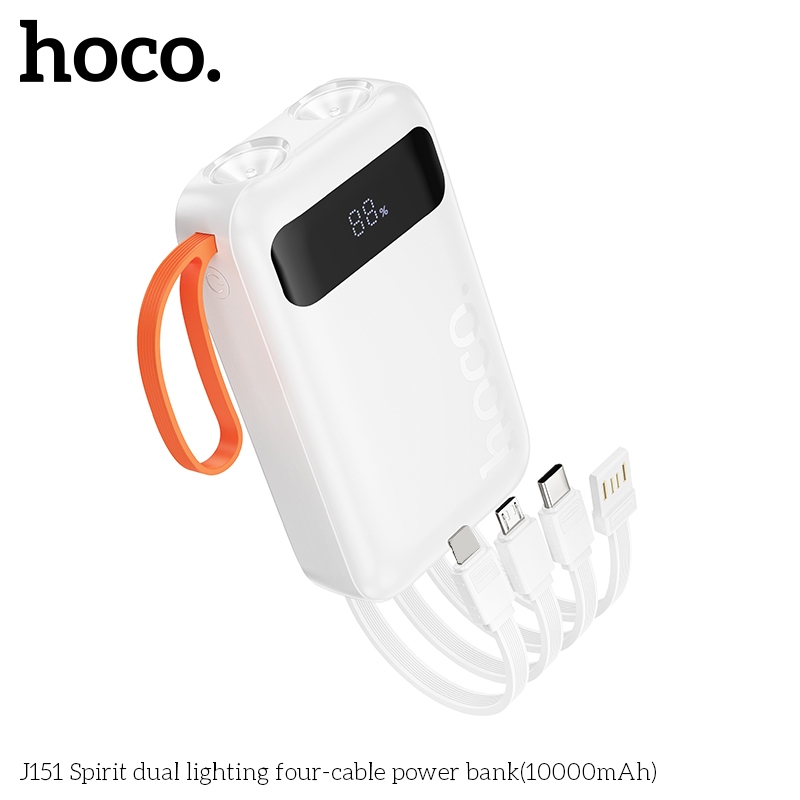 Sạc dự phòng Hoco J151 Dung lượng 10000mAh với 4 cáp dây cáp sạc và 2 đèn, màn hình LED hiển thị dòn