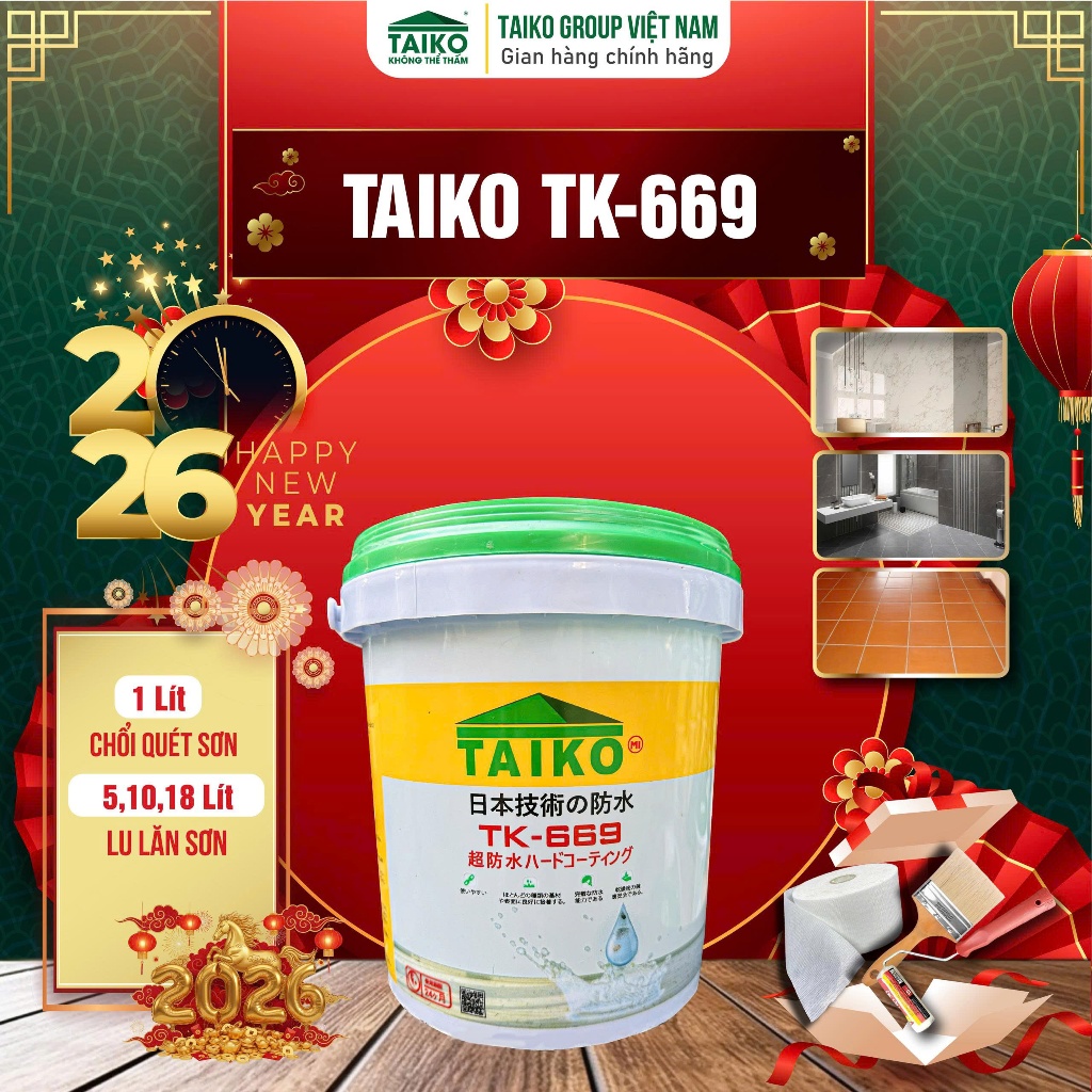 Sơn Chống Thấm TAIKOMI TK-669 Trong Suốt 2 Lít - Xử Lý Thấm Dột Nhà Vệ Sinh, Sàn Ốp Lát, Gỗ, Đá, Kim