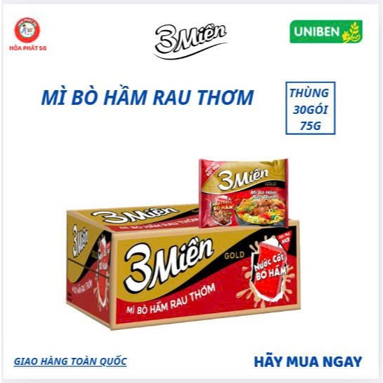 Thùng 30 gói Mì 3 Miền Gold Bò Hầm Rau Thơm 75g - Mì 3 miền Gold Bò hầm rau thơm (2X Nước cốt) - Mì 