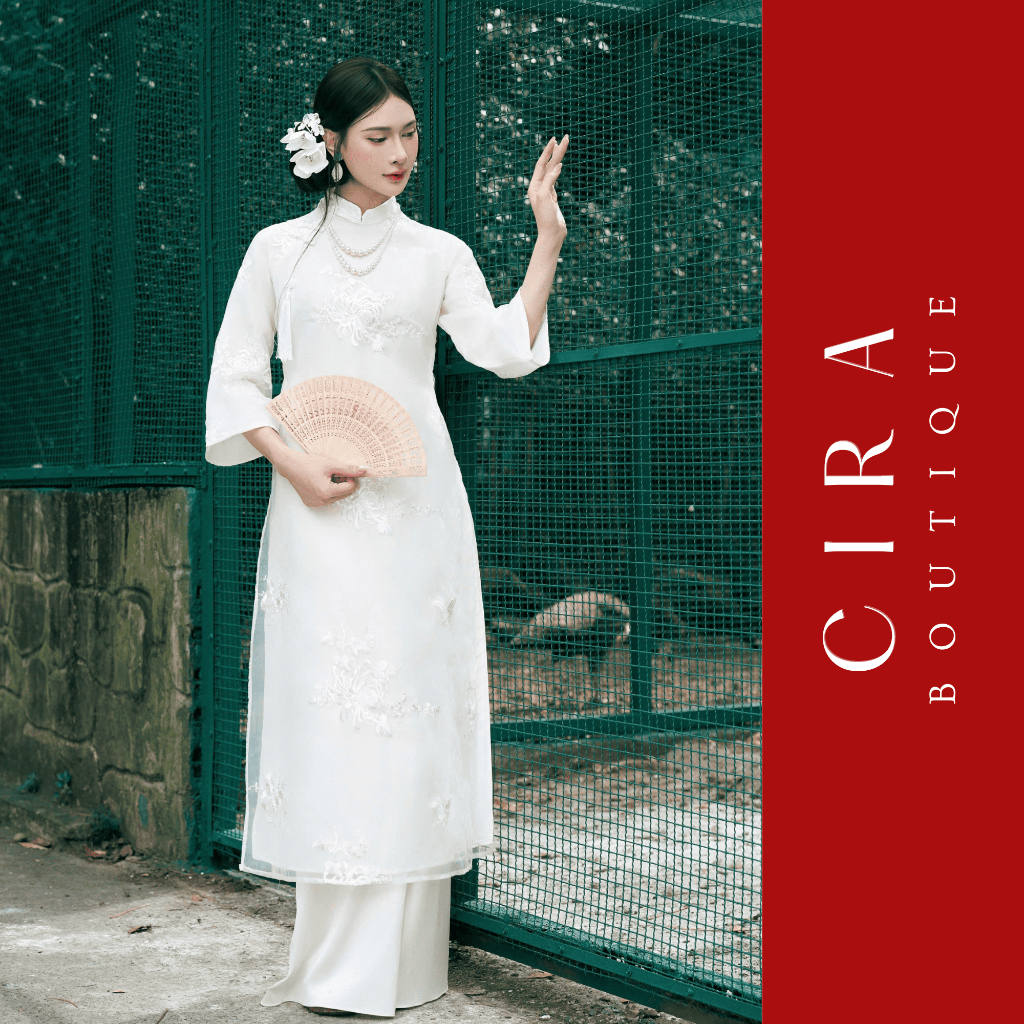 Cira Boutique Áo Dài Tay Lửng Thêu Hoa Bỉ Ngạn Kèm Nút Tàu Tua Rua Kèm Quần Thanh Lịch AD1528