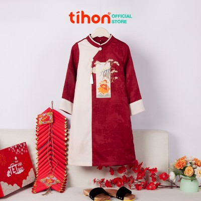 Áo dài cho bé trai TIHON cao cấp chất liệu gấm phối nhung họa tiết vân nổi cách tân cho bé AD0744043