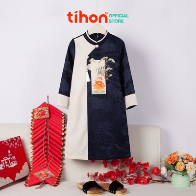 Áo dài gấm cho bé TIHON cao cấp họa tiết in thêu ông táo siêu xinh cho bé AD0744043