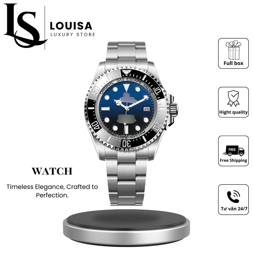 Đồng hồ nam R.O.L.E.X bezel Louisa Store, thép không gỉ mặt số màu xanh lam chuyển sắc, đồng hồ lặn