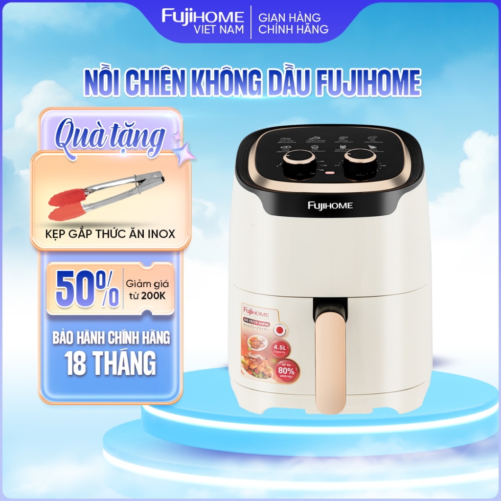 Nồi chiên không dầu 4.5L FujiHome nhập khẩu tự ngắt tặng kèm gắp, Nồi chiên không khí cơ không hơi nước tự ngắt an toàn