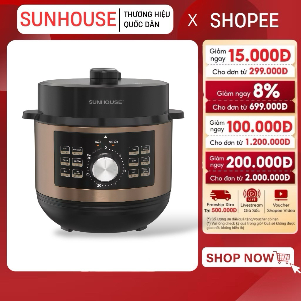 NỒI ÁP SUẤT ĐIỆN ĐA NĂNG SUNHOUSE SHD1656 - Dung tích 6 lít, Hàng chính hãng bảo hành 1 năm
