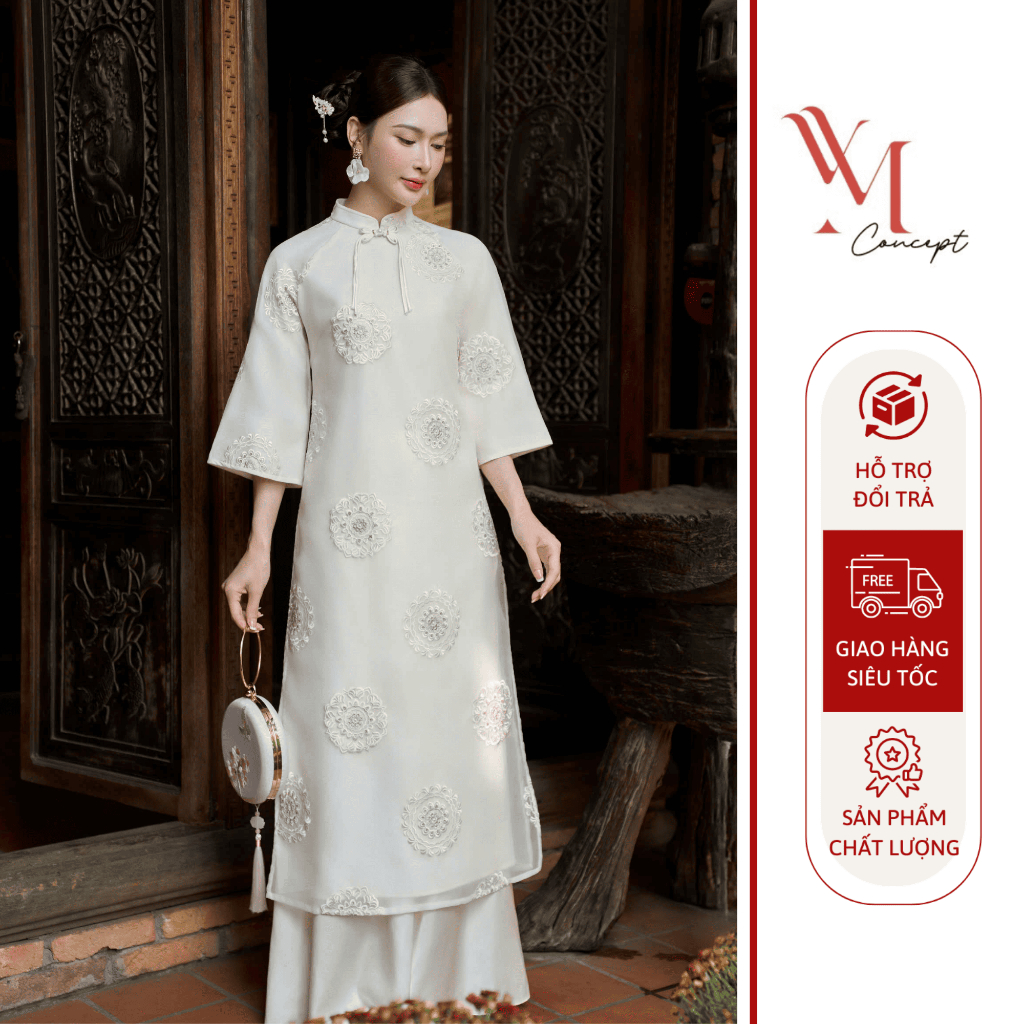 YM Concept Áo Dài Form Suông Thêu Hoa Tay Lửng Kèm Tua Rua Kèm Quần - Sang Trọng AD1533