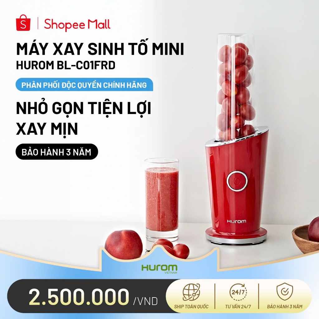 Máy xay sinh tố Hurom Mini Blender 250W (Màu Đỏ) - Bảo hành chính hãng 3 năm - Phân phối độc quyền t