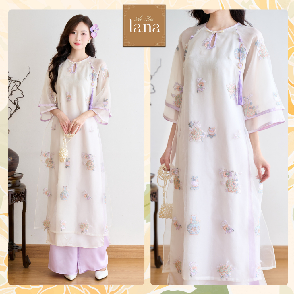 Set áo dài cách tân Mộng Bình thêu họa tiết nổi cao cấp chất tơ kính phối lụa mềm mịn – SD272 LANA D