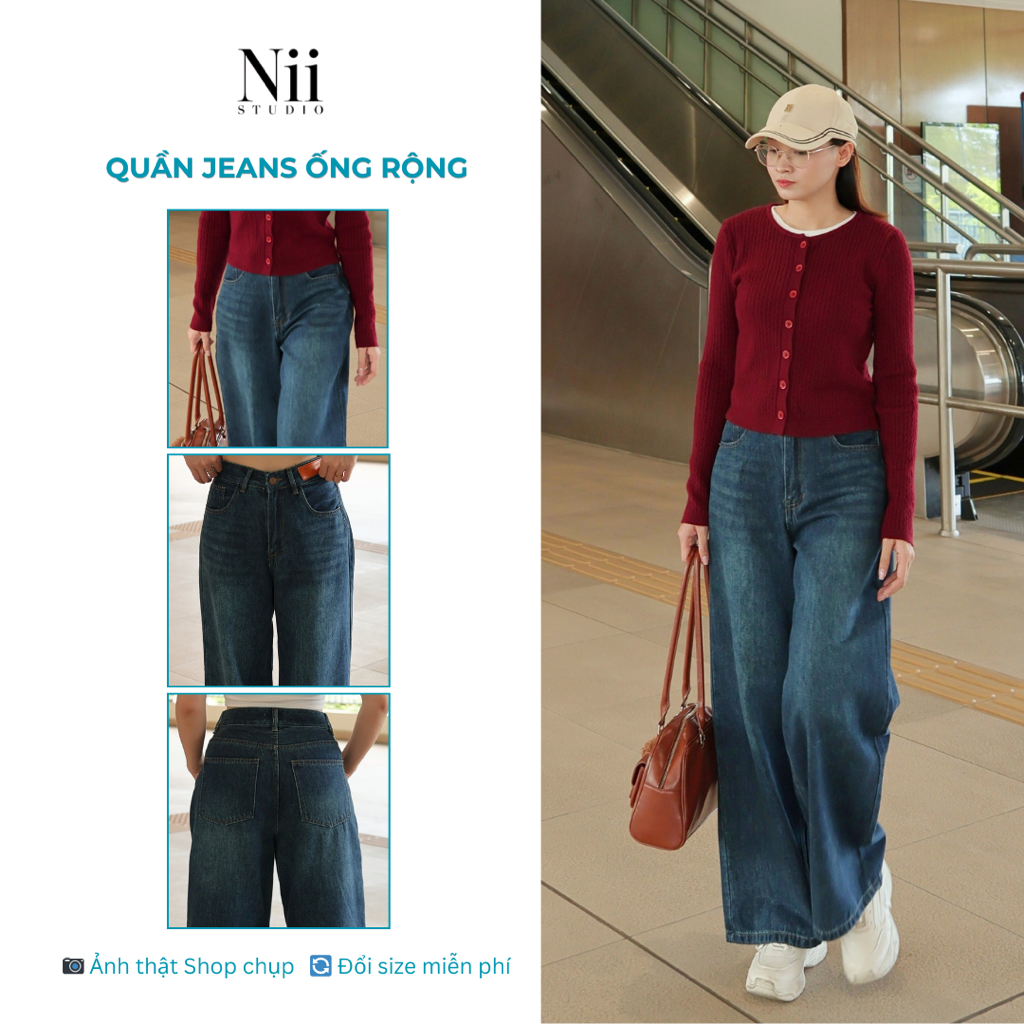 Quần Jeans Nữ Ống Rộng/Suông Dark Blue – Wide Leg Lưng Cao, Thanh Lịch, Vibe Hàn | Nii Studio