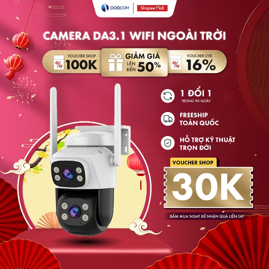 (Bảo hành 12 tháng) Camera Wifi 2 Mắt Doscom DA 3.1, Camera Ngoài Trời Chống Nước, Đàm Thoại 2 Chiều