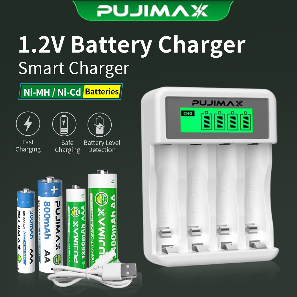Pujimax Bộ sạc pin AA,AAA 4 khe 1.2V Ni-MH Màn hình LCD Có thể sạc pin niken-hydro sạc lại được 1.2V