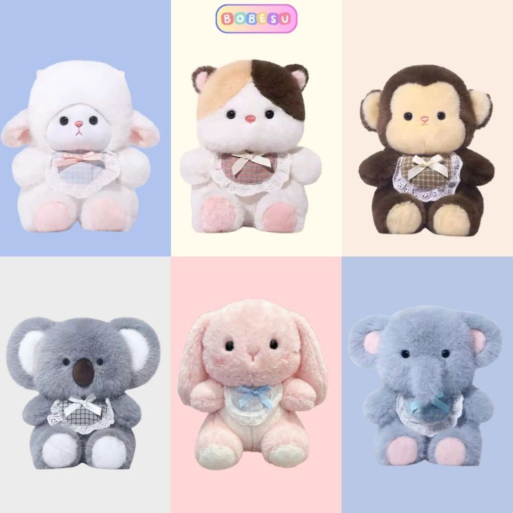 Gấu Bông Động Vật Đeo Yếm Caro BOBESU Mini, Thú Nhồi Bông Thỏ, Koala, Voi, Khỉ, Mèo Dễ Thương Làm Quà Tặng Decor