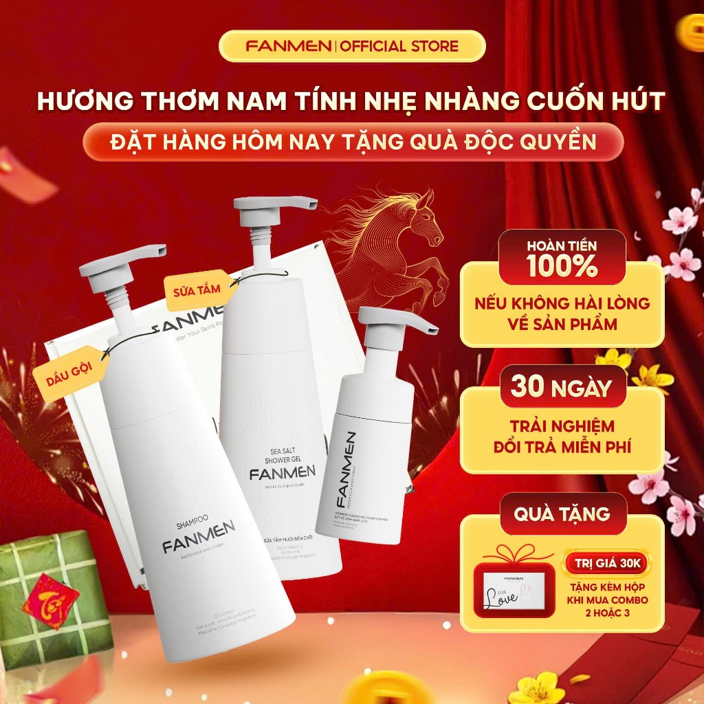 [Combo Trưởng Thành] Dầu gội sạch gàu Fanmen 350ml, Sữa tắm muối biển chết 350ml và Bọt vệ sinh nam 