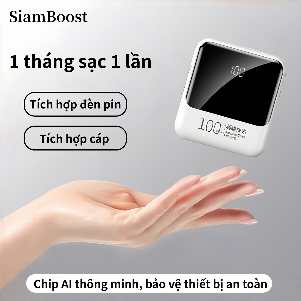 Sạc dự phòng 10000mAh có sẵn dây sạc, hỗ trợ chiếu sáng, nhẹ và tiện mang theo.