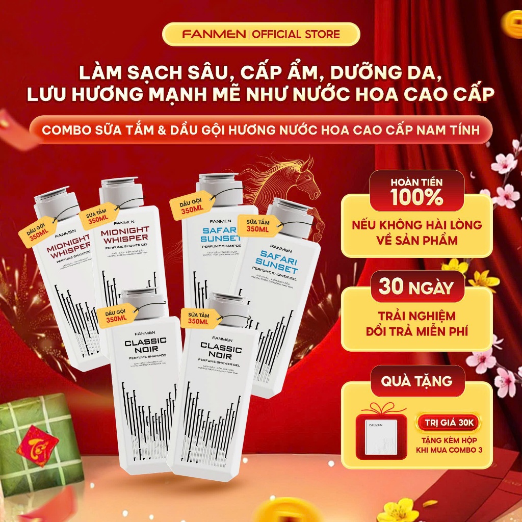 [350ml]Combo Sữa tắm và Dầu gội hương nước hoa Fanmen, Sữa tắm sạch sâu cấp ẩm dưỡng da, Dầu gội sạc