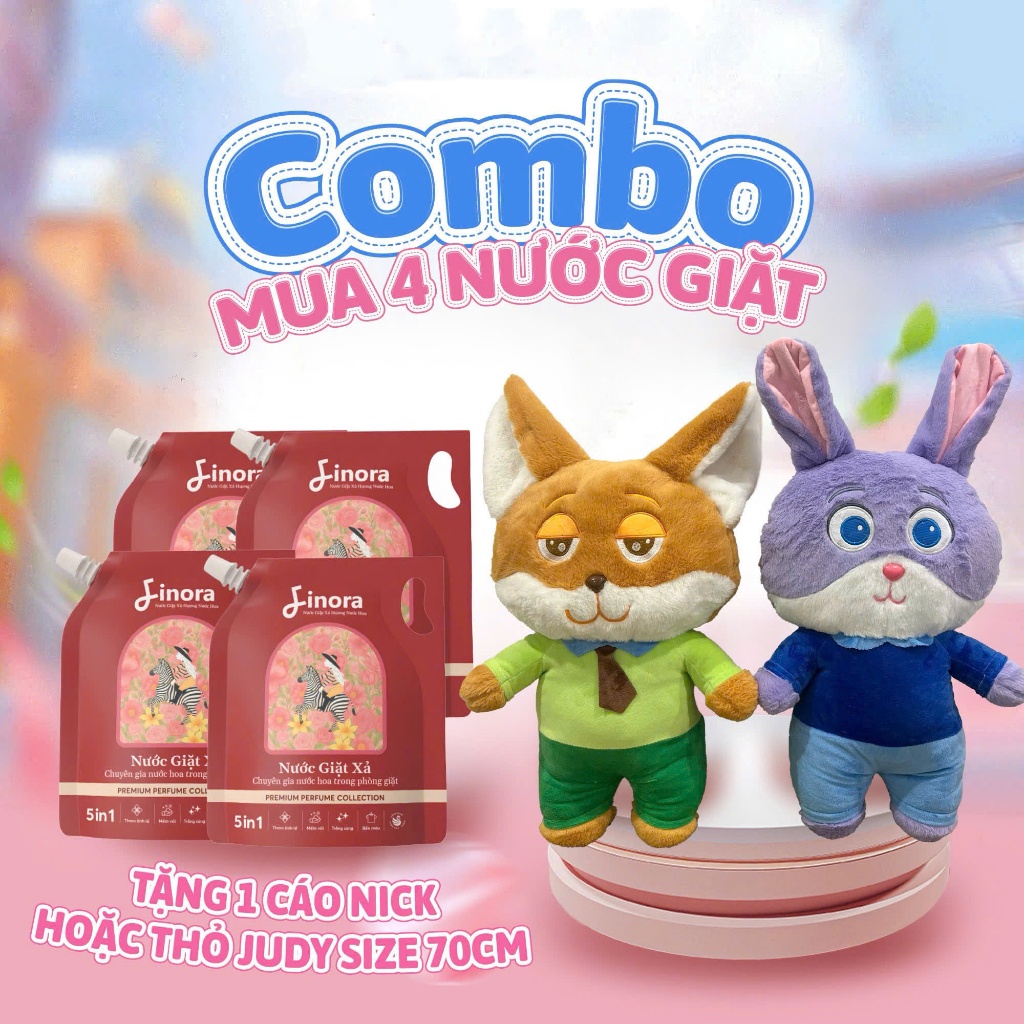 Combo 4 nước giặt Finora phiên bản Premium 1 Lít + TẶNG 1 Cáo Nick Hoặc 1 Thỏ Judy Khổng Lồ