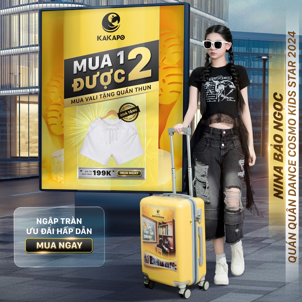 Vali Kakapo Dự Án Góc Học Tập Cho Em - Nhựa ABS 100% Siêu Bền-Bánh xe 360 độ-Màu Vàng-Mua Vali Tặng