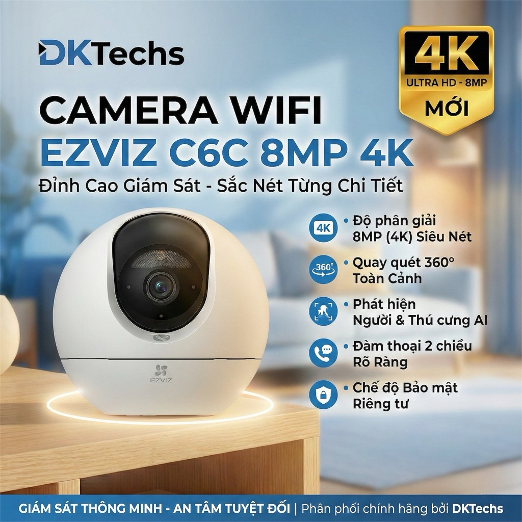 Camera Wifi Ezviz C6C 8MP 4K - Xoay 360, Phát Hiện Chuyển Động AI, Đàm Thoại 2 Chiều - DKTechs