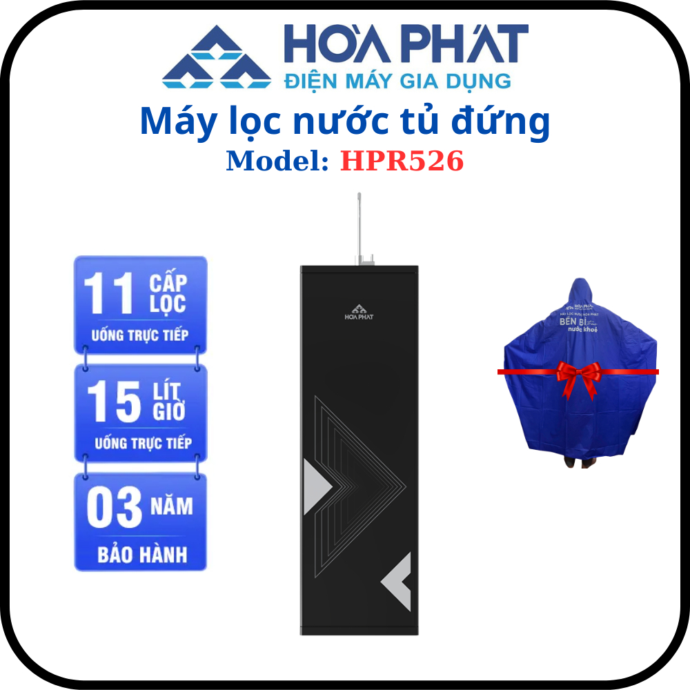 Máy lọc nước RO tủ đứng Hòa Phát HPR526 - Hệ thống 11 lõi  - Tặng kèm 1 bộ áo mưa - Bảo hành 3 năm