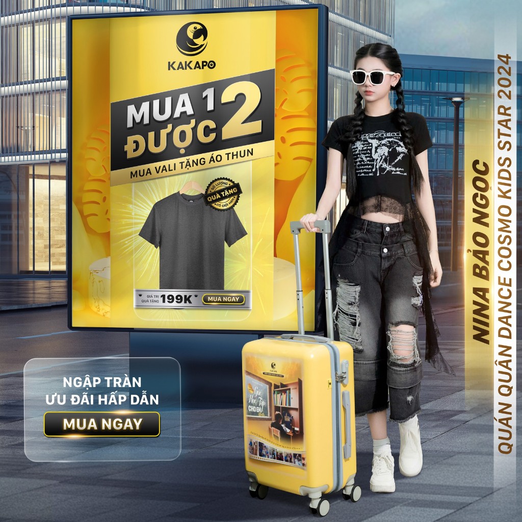 Vali Kakapo Dự Án Góc Học Tập Cho Em - Nhựa ABS 100% Siêu Bền-Bánh xe 360 độ-Màu Vàng-Mua Vali Tặng 