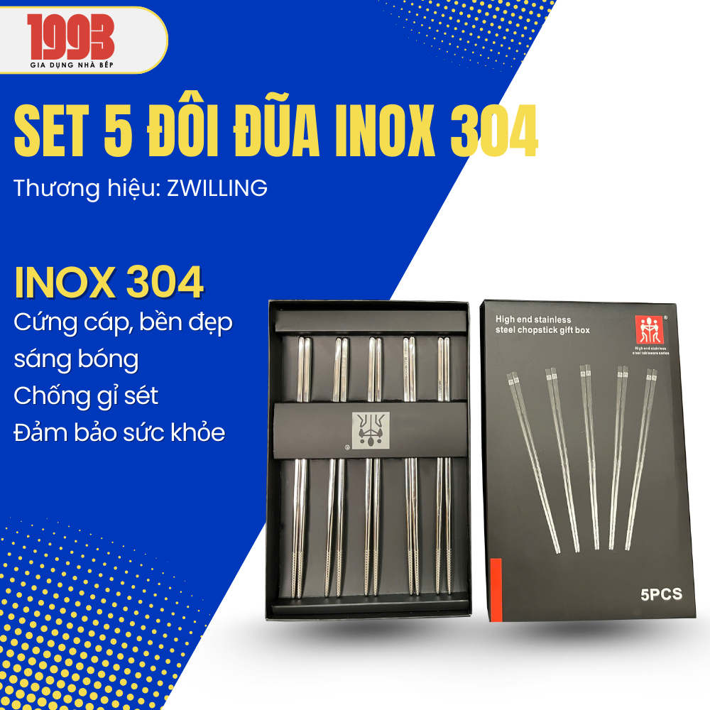 Bộ 5 đôi đũa inox ZWILLING, Đũa Inox cao cấp sáng bóng bền đẹp thiết kế thanh lịch dễ dàng vệ sinh - Giadungnhabep1993