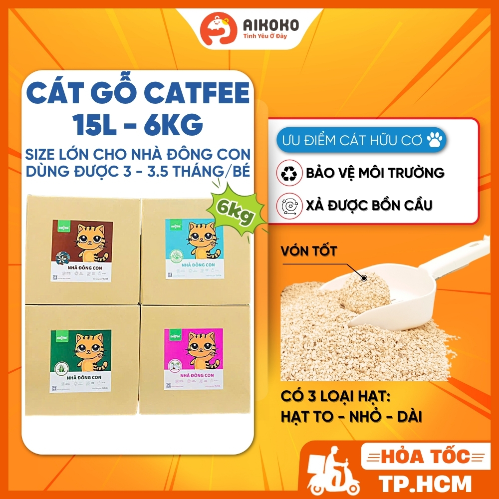 Cát Gỗ Vón Cho Mèo Catfee 15L 6kg - 100% Từ Gỗ Tự Nhiên, Ít Bụi, Vón Tốt, Bảo Vệ Môi Trường Aikoko