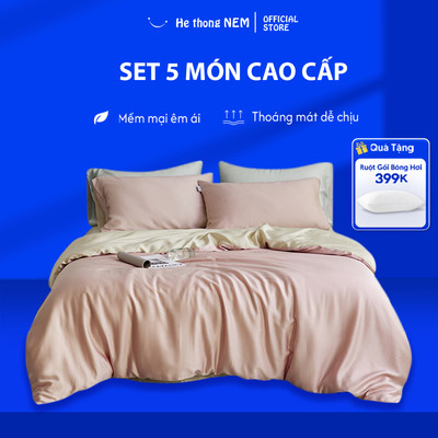 Bộ Chăn Ga 5 Món He thong NEM Cao Cấp Set Vỏ Grap Giường Chăn Ga Gối Tencel Cotton Phối Màu Trải Giường Sang Trọng