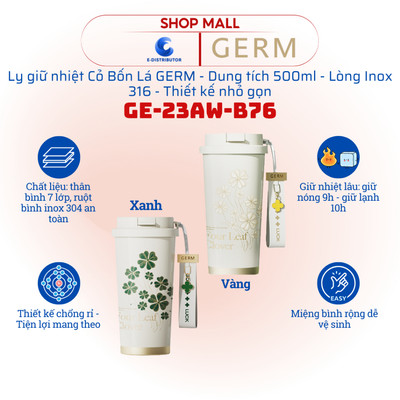 [HỎA TỐC] Ly giữ nhiệt Cỏ Bốn Lá Germ GE-23AW-B76 - Dung tích 500ml - Hàng chính hãng