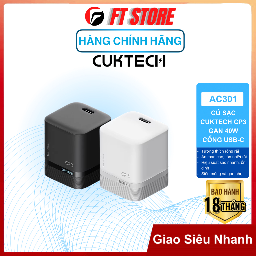 Củ Sạc Nhanh CUKTECH CP3 GAN 40W - AC301 Thiết Kế Nhỏ Gọn, Hiệu Suất Sạc Cao, An Toàn Khi Sử Dụng