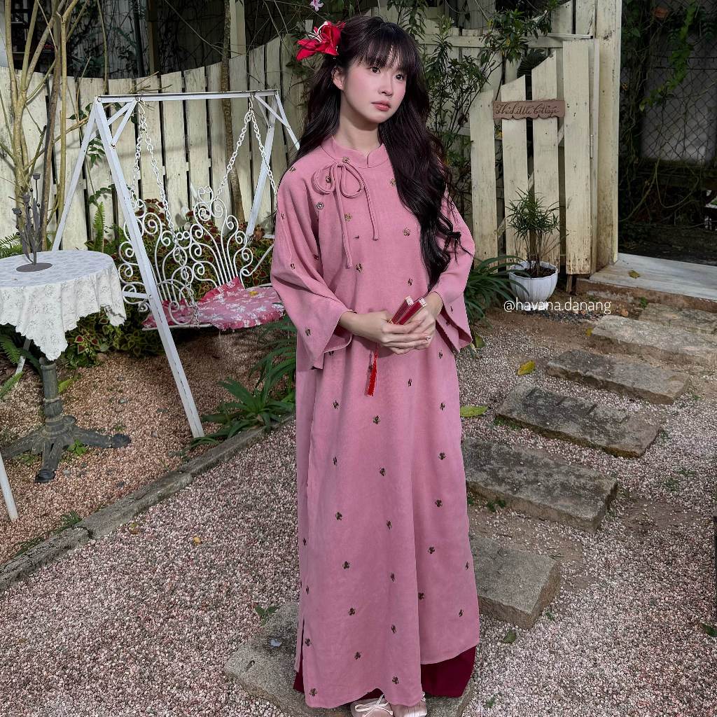 (HAVANA) CÓ BIGSIZE - Áo dài nhung chéo ĐƯỜNG DAO thêu hoa kèm quần nhung  AD186 | BigBuy360 - bigbuy360.vn