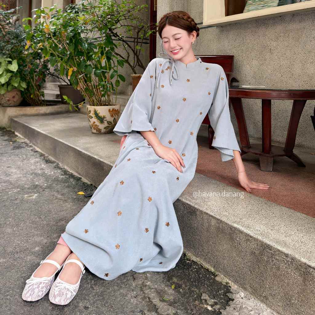 (HAVANA) CÓ BIGSIZE - Áo dài nhung chéo ĐƯỜNG DAO thêu hoa kèm quần nhung  AD186 | BigBuy360 - bigbuy360.vn