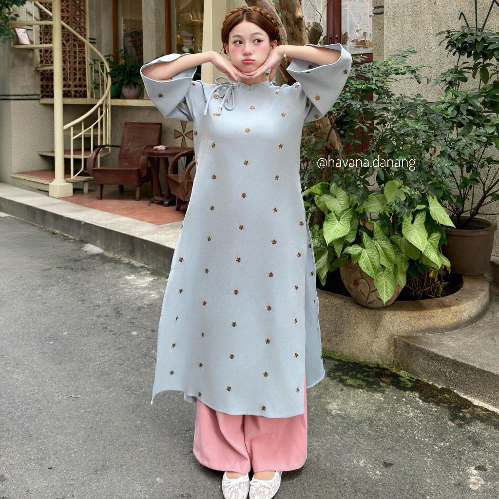 (HAVANA) CÓ BIGSIZE - Áo dài nhung chéo ĐƯỜNG DAO thêu hoa kèm quần nhung  AD186 | BigBuy360 - bigbuy360.vn