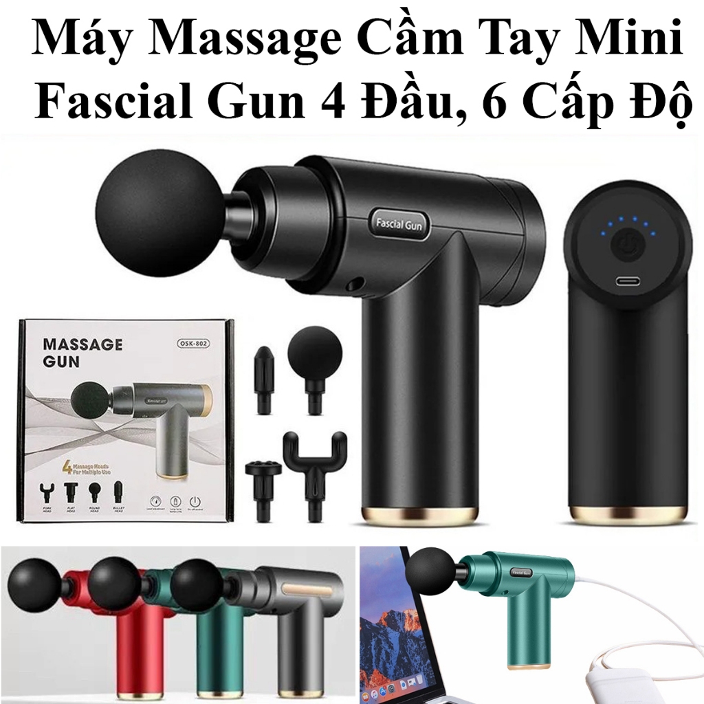Máy Massage Cầm Tay Mini Fascial Gun Osk 802 Cao Cấp 4 Đầu Thay Thế Và 6 Cấp Độ Massage