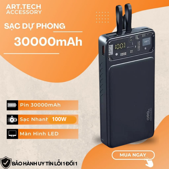 Sạc dự Phòng Led 30000mah - Sạc nhanh 100W - Tích Hợp 2 dây sạc LN và Type C Màn hình hiển thị % Pn