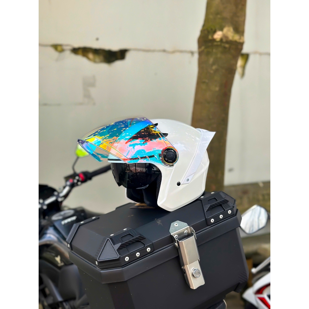 ( Kính Revo cam đỏ)  Mũ nón bảo hiểm Royal M268 3/4 2 kính màu Trắng bóng gắn tai mèo và tem chính h