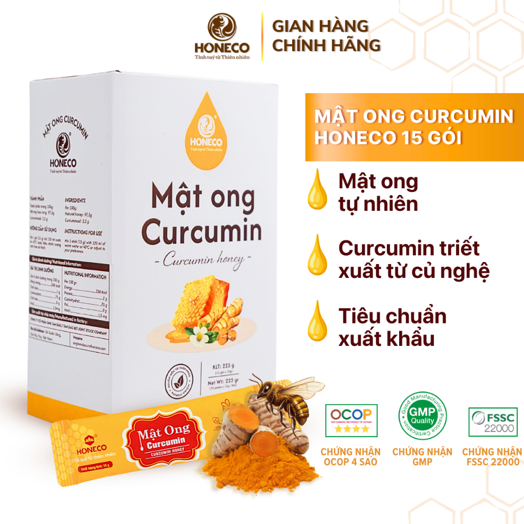 Combo 30 gói mật ong nghệ curcumin nguyên chất honeco hộp 15 gói